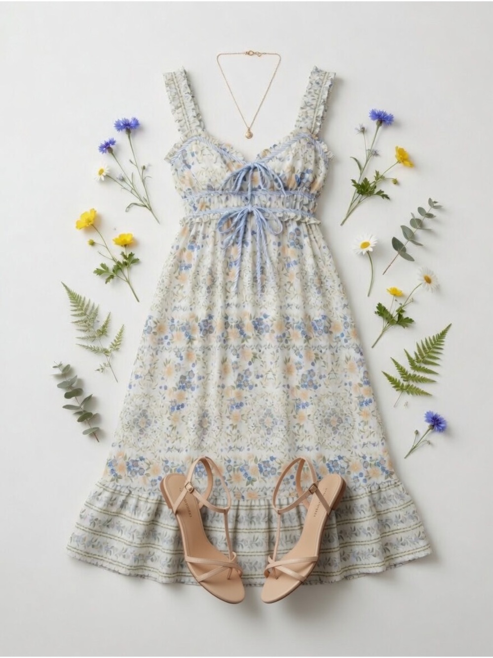 Border Floral Sleeveless Front Tie Midi Dress